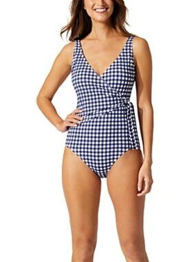168$ Tommy Bahama Gingham Wrap Front Hipster Bottom Swimsuit Size S Nave